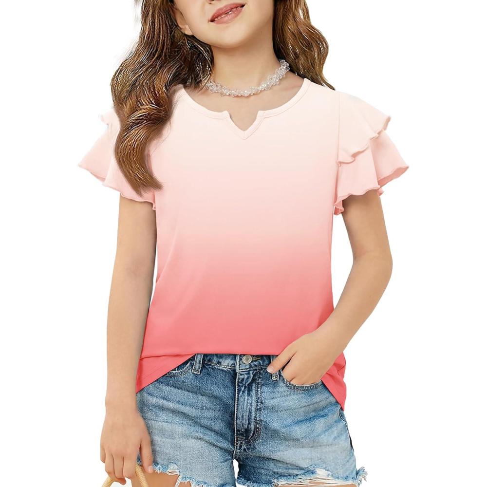 image:imageArshiner Girls Ruffle Short Sleeve T Shirts Cute Little V Neck Tops Kids Summer Casual Blouses Clothes 512 YearsGradient  Pink