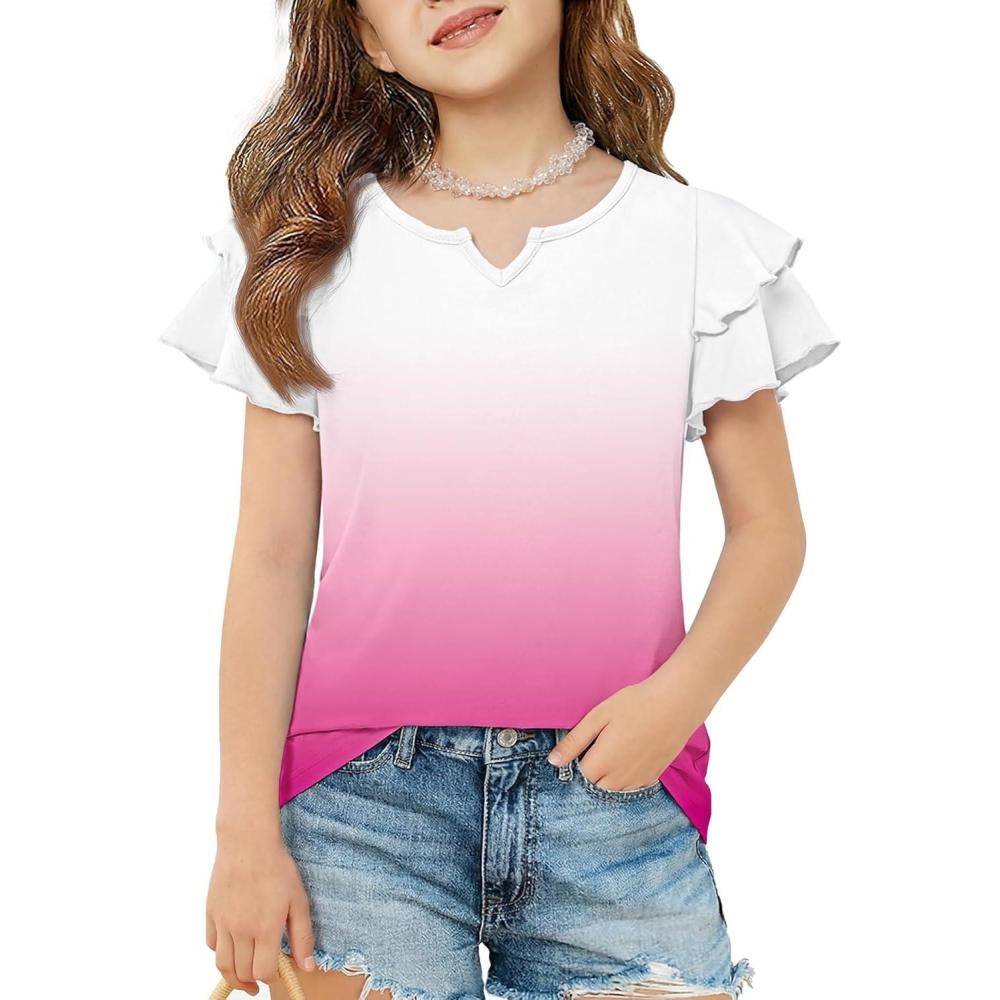 image:imageArshiner Girls Ruffle Short Sleeve T Shirts Cute Little V Neck Tops Kids Summer Casual Blouses Clothes 512 YearsGradient Rose Pink