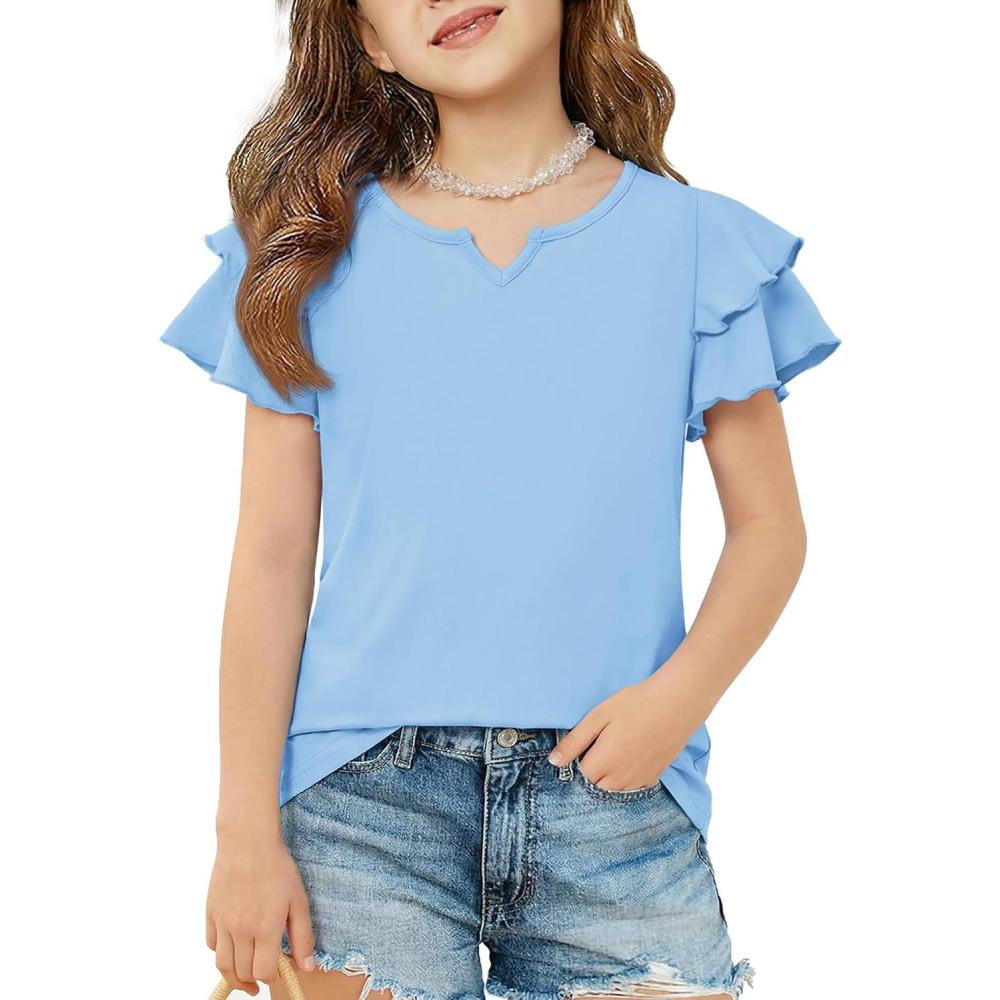image:imageArshiner Girls Ruffle Short Sleeve T Shirts Cute Little V Neck Tops Kids Summer Casual Blouses Clothes 512 YearsLight Blue