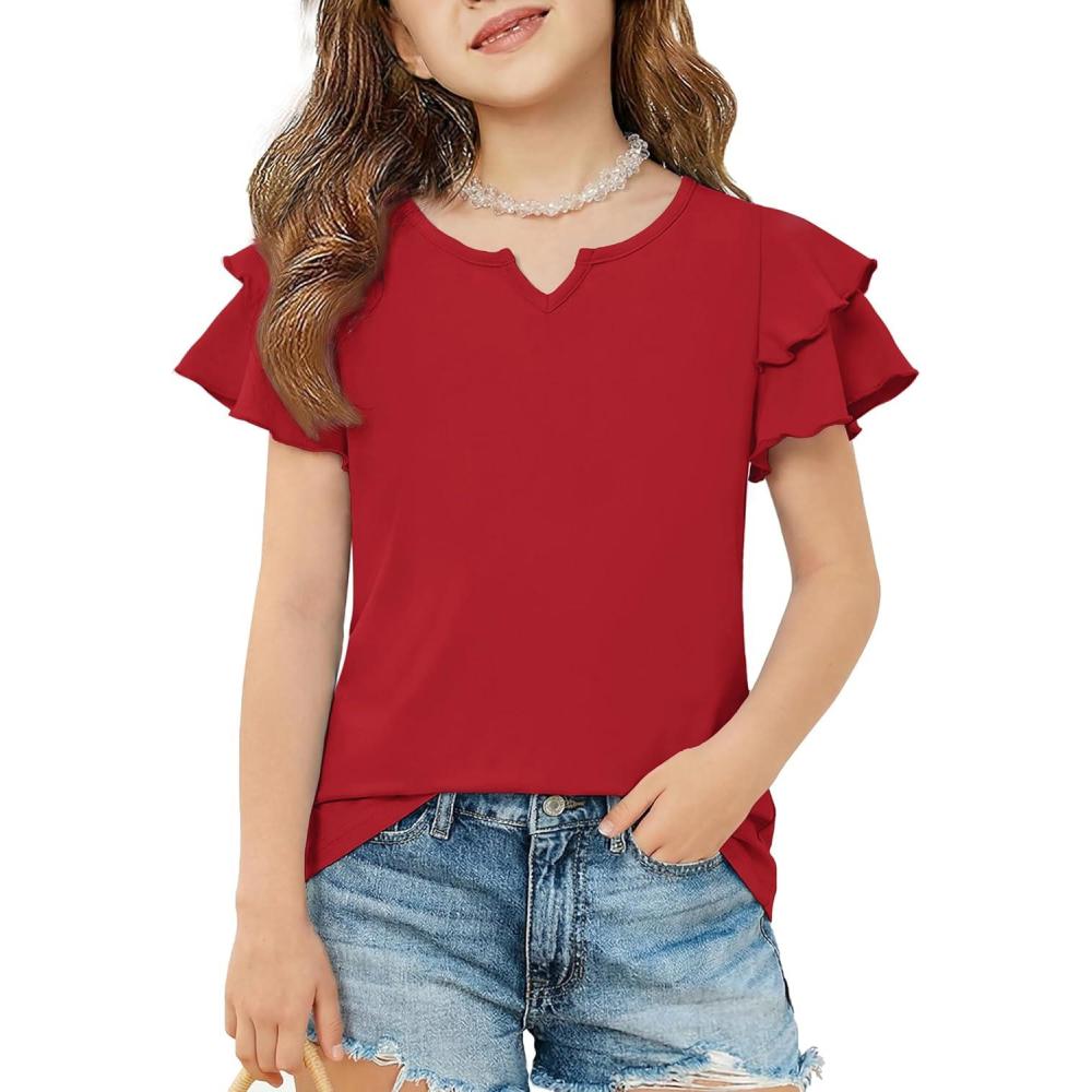 image:imageArshiner Girls Ruffle Short Sleeve T Shirts Cute Little V Neck Tops Kids Summer Casual Blouses Clothes 512 YearsRed
