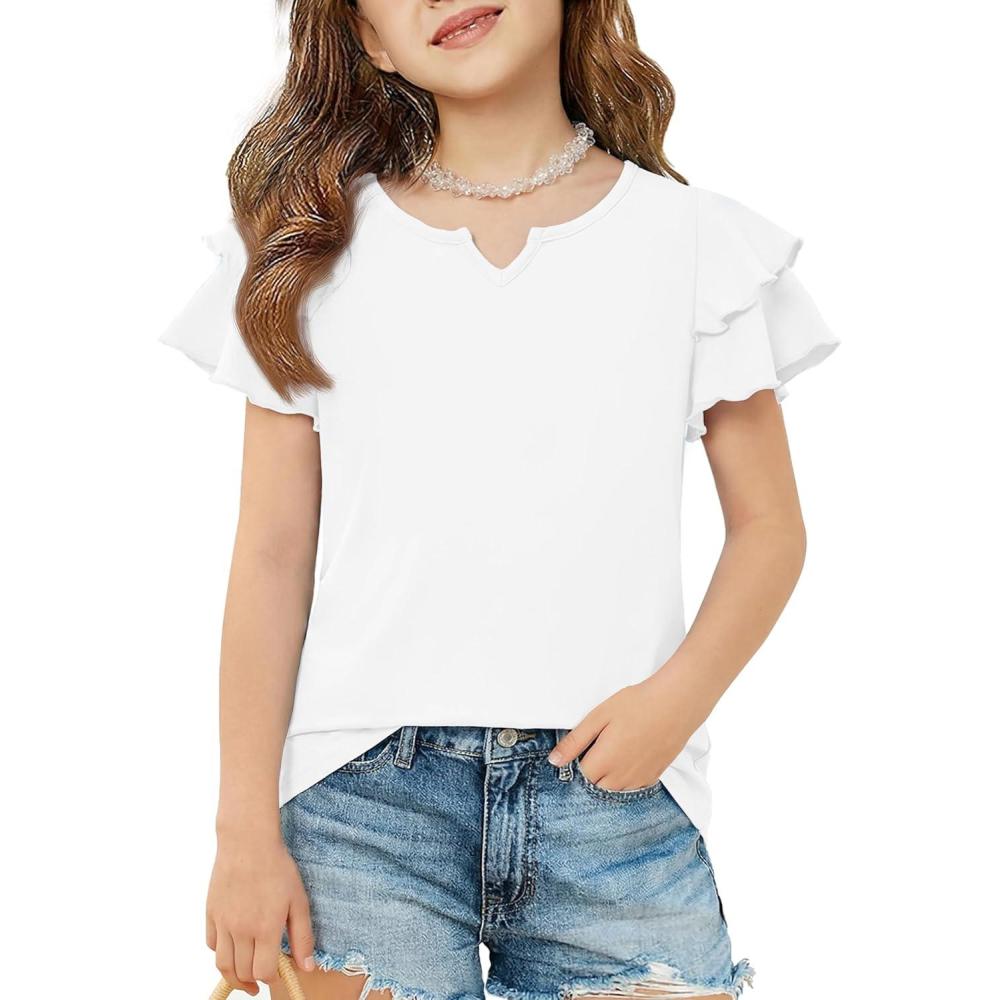 image:imageArshiner Girls Ruffle Short Sleeve T Shirts Cute Little V Neck Tops Kids Summer Casual Blouses Clothes 512 YearsWhite