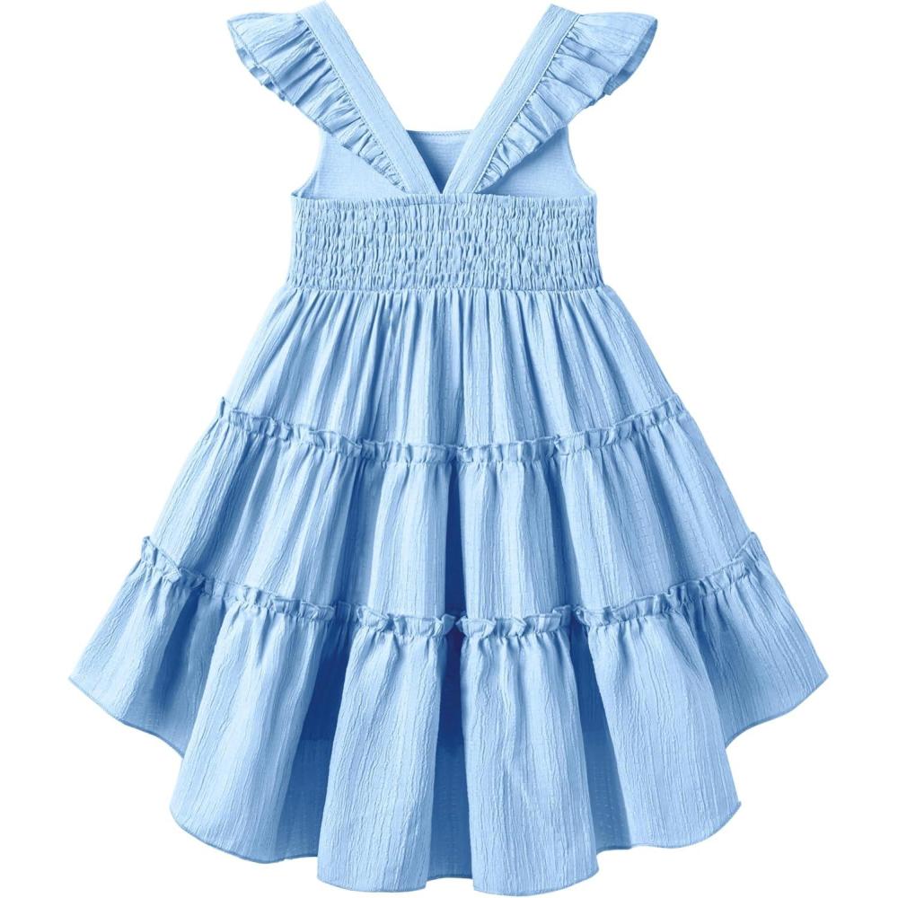 image:imageArshiner Toddler Girls Dress Ruffle HighLow Hem Smocked Dresses Summer Beach Butterfly Sundress with PocketBlue