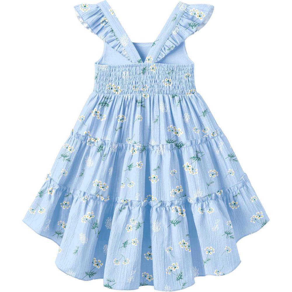 image:imageArshiner Toddler Girls Dress Ruffle HighLow Hem Smocked Dresses Summer Beach Butterfly Sundress with PocketBlue Floral