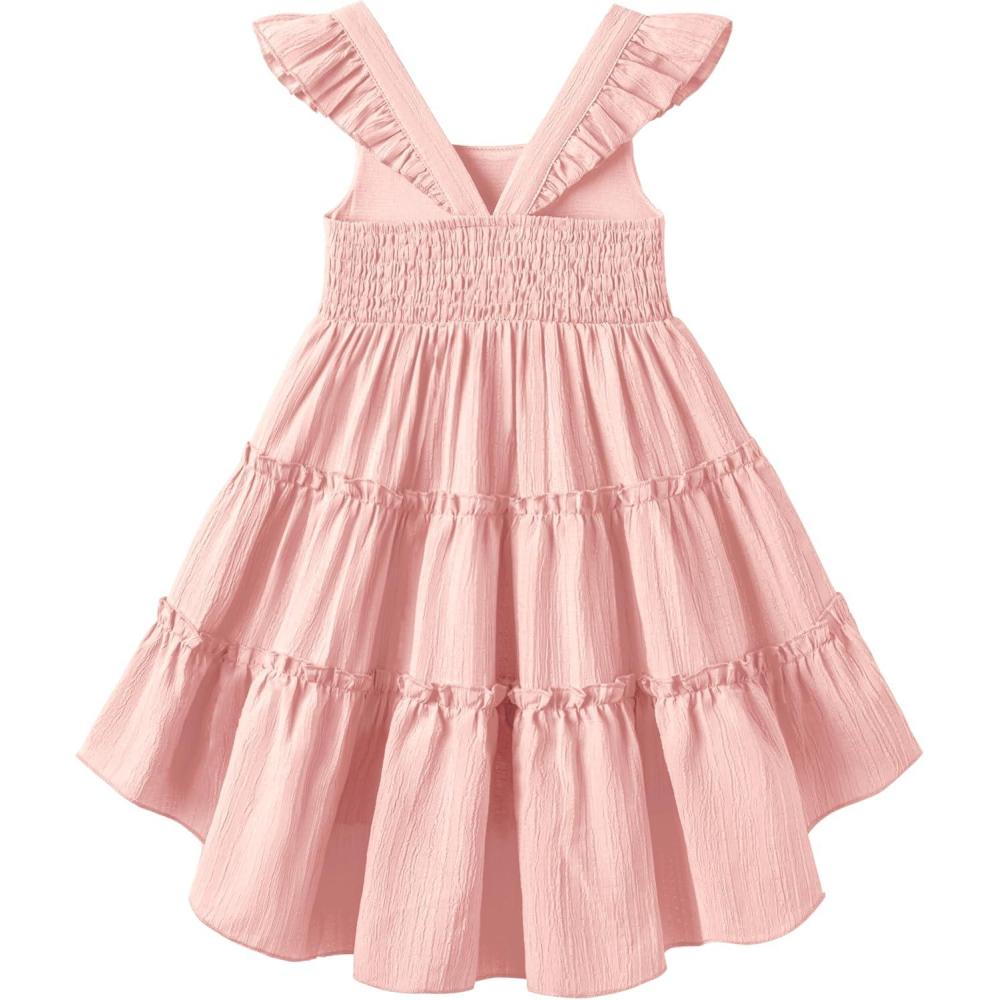 image:imageArshiner Toddler Girls Dress Ruffle HighLow Hem Smocked Dresses Summer Beach Butterfly Sundress with PocketPink