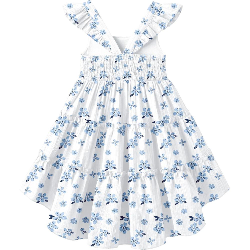 image:imageArshiner Toddler Girls Dress Ruffle HighLow Hem Smocked Dresses Summer Beach Butterfly Sundress with PocketWhite Blue Floral