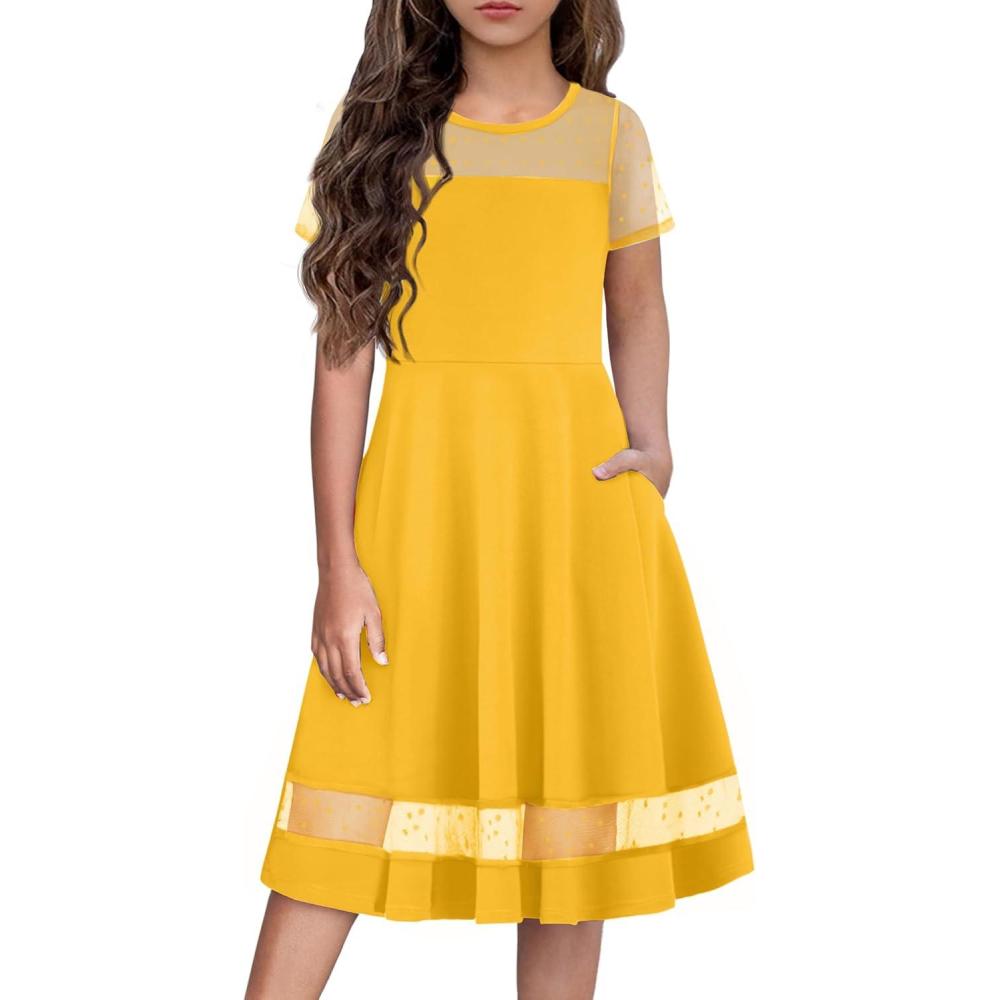 image:imageArshiner Tween Girls Dress Formal Contrast Mesh Short Sleeve A Line Party Dresses with Pockets for 512 YearsYellow