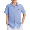 Arshiner Boys Button Down Shirt Short Sleeve Collar Leather Patch Woven Shirts Size 4-12 Years(Blue)