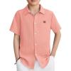 Arshiner Boys Button Down Shirt Short Sleeve Collar Leather Patch Woven Shirts Size 4-12 Years(Pinkish Orange)