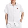 Arshiner Boys Button Down Shirt Short Sleeve Collar Leather Patch Woven Shirts Size 4-12 Years(White)