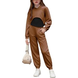 Arshiner 3 Piece Girls Jogger Set Sweatsuits Crop Sweatshirt Hoodie Adjustable Cami Top and Sweatpants(Brown)