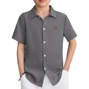 Arshiner Boys Button Down Shirt Short Sleeve Collar Leather Patch Woven Shirts Size 4-12 Years(Granite Gray)