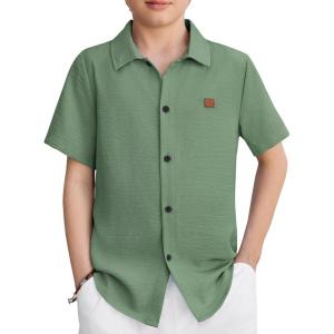 Arshiner Boys Button Down Shirt Short Sleeve Collar Leather Patch Woven Shirts Size 4-12 Years(Grass Green)