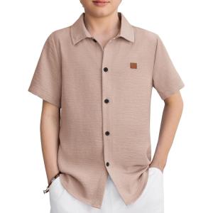 Arshiner Boys Button Down Shirt Short Sleeve Collar Leather Patch Woven Shirts Size 4-12 Years(Light Brown)