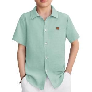 Arshiner Boys Button Down Shirt Short Sleeve Collar Leather Patch Woven Shirts Size 4-12 Years(Mint Green)