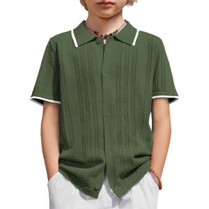 Arshiner Boys Button Down Shirt Short Sleeve Knit Shirt Summer Vintage Fashion Casual Beach Shirts for Kids 3-14 Years(Army Green)