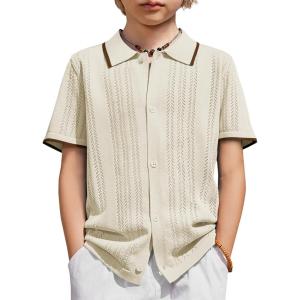 Arshiner Boys Button Down Shirt Short Sleeve Knit Shirt Summer Vintage Fashion Casual Beach Shirts for Kids 3-14 Years(Beige)