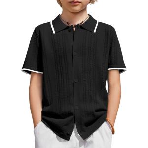 Arshiner Boys Button Down Shirt Short Sleeve Knit Shirt Summer Vintage Fashion Casual Beach Shirts for Kids 3-14 Years(Black)