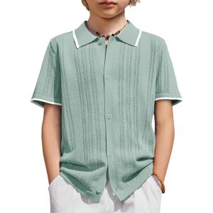 Arshiner Boys Button Down Shirt Short Sleeve Knit Shirt Summer Vintage Fashion Casual Beach Shirts for Kids 3-14 Years(Ice Green)
