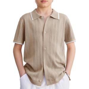 Arshiner Boys Button Down Shirt Short Sleeve Knit Shirt Summer Vintage Fashion Casual Beach Shirts for Kids 3-14 Years(Khaki)