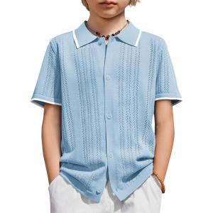 Arshiner Boys Button Down Shirt Short Sleeve Knit Shirt Summer Vintage Fashion Casual Beach Shirts for Kids 3-14 Years(Light Blue)