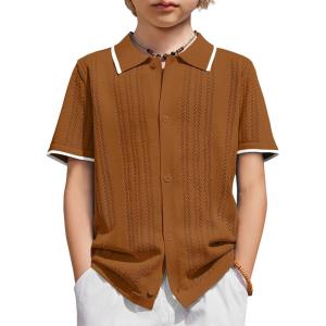 Arshiner Boys Button Down Shirt Short Sleeve Knit Shirt Summer Vintage Fashion Casual Beach Shirts for Kids 3-14 Years(Light Brown)
