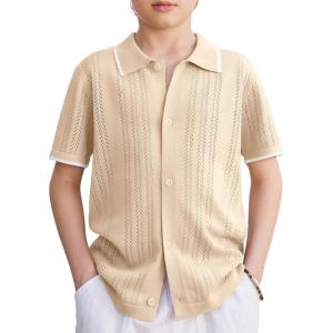 Arshiner Boys Button Down Shirt Short Sleeve Knit Shirt Summer Vintage Fashion Casual Beach Shirts for Kids 3-14 Years(Light Khaki)