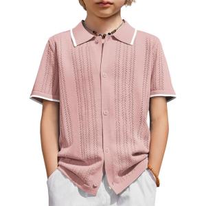 Arshiner Boys Button Down Shirt Short Sleeve Knit Shirt Summer Vintage Fashion Casual Beach Shirts for Kids 3-14 Years(Light Pink)