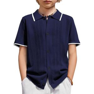 Arshiner Boys Button Down Shirt Short Sleeve Knit Shirt Summer Vintage Fashion Casual Beach Shirts for Kids 3-14 Years(Navy Blue)