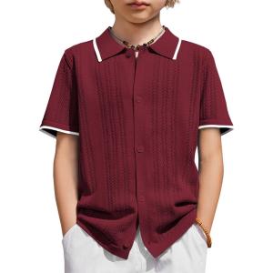 Arshiner Boys Button Down Shirt Short Sleeve Knit Shirt Summer Vintage Fashion Casual Beach Shirts for Kids 3-14 Years(Wine Red)