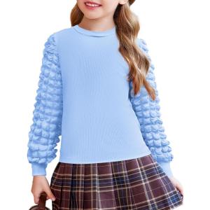 Arshiner Girls Puff Long Sleeve Shirts Ribbed Knit Cute Casual Crewneck Tops Blouse Tee(Light Blue)