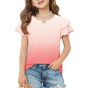 Arshiner Girls Ruffle Short Sleeve T Shirts Cute Little V Neck Tops Kids Summer Casual Blouses Clothes 5-12 Years(Gradient – Pink)