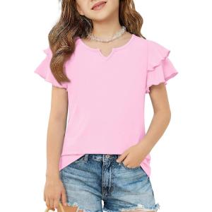 Arshiner Girls Ruffle Short Sleeve T Shirts Cute Little V Neck Tops Kids Summer Casual Blouses Clothes 5-12 Years(Pink)