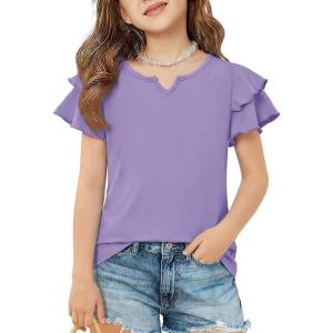 Arshiner Girls Ruffle Short Sleeve T Shirts Cute Little V Neck Tops Kids Summer Casual Blouses Clothes 5-12 Years(Purple)