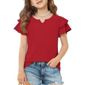 Arshiner Girls Ruffle Short Sleeve T Shirts Cute Little V Neck Tops Kids Summer Casual Blouses Clothes 5-12 Years(Red)
