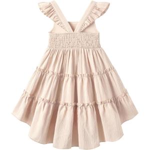 Arshiner Toddler Girls Dress Ruffle High-Low Hem Smocked Dresses Summer Beach Butterfly Sundress with Pocket(Beige)