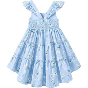 Arshiner Toddler Girls Dress Ruffle High-Low Hem Smocked Dresses Summer Beach Butterfly Sundress with Pocket(Blue Floral)