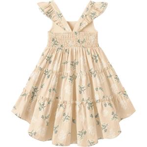 Arshiner Toddler Girls Dress Ruffle High-Low Hem Smocked Dresses Summer Beach Butterfly Sundress with Pocket(Khaki Floral)