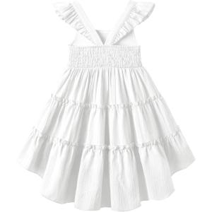Arshiner Toddler Girls Dress Ruffle High-Low Hem Smocked Dresses Summer Beach Butterfly Sundress with Pocket(White)