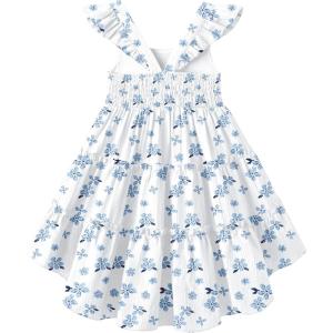Arshiner Toddler Girls Dress Ruffle High-Low Hem Smocked Dresses Summer Beach Butterfly Sundress with Pocket(White Blue Floral)