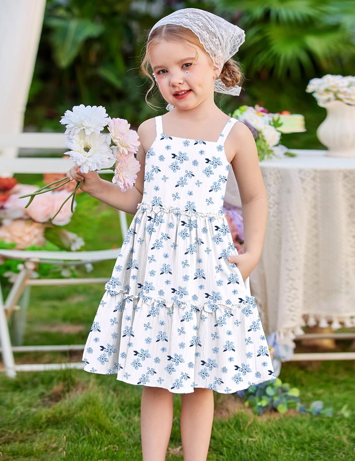 image:imageArshiner Girls Spaghetti Strap Dress Toddler Summer Dresses Kids Beach Casual Sundresses with Pockets for 17tWhite Blue Floral