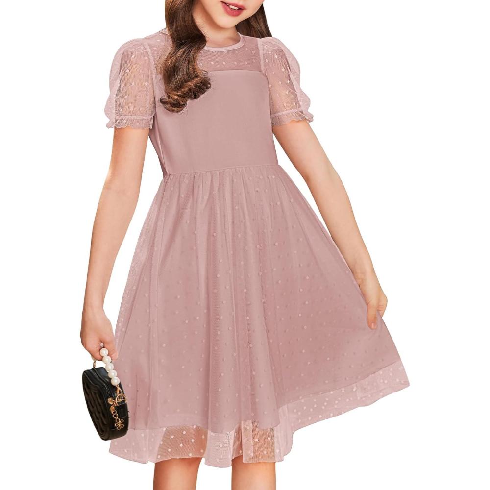 image:imageArshiner Girls Dress Contrast Mesh Puffy Short Sleeve A Line Casual Party Dress 312 YearsDusty Pink