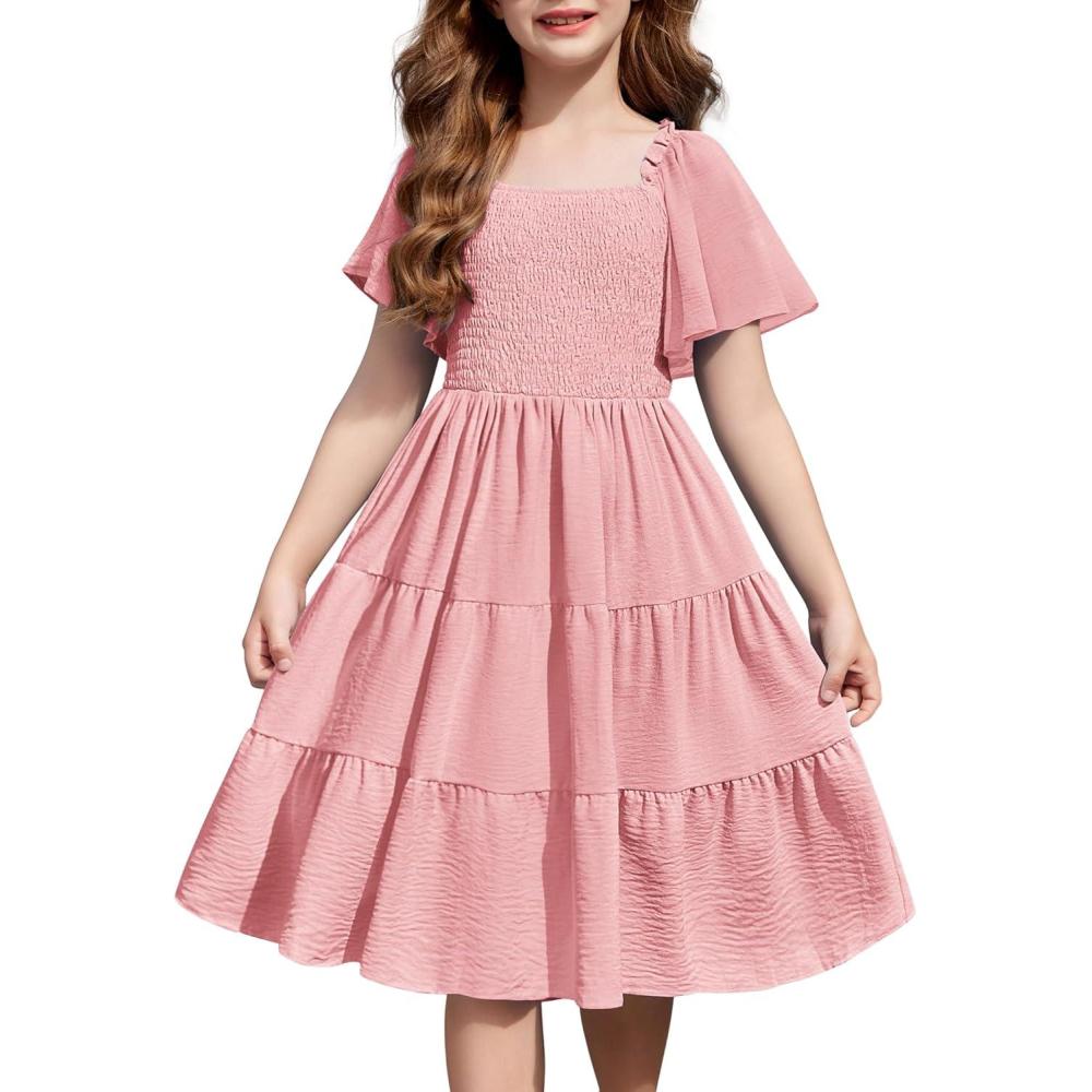 image:imageArshiner Girls Summer Dress Tween Boho Casual Smocked Swing Flowy Ruffle Midi Dresses with PocketsLight Pink