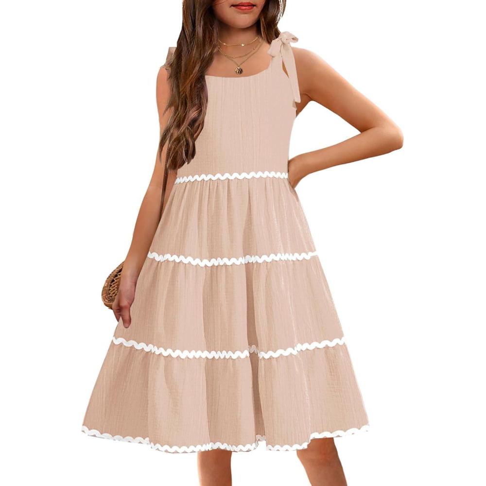 image:imageArshiner Girls Summer Sleeveless BowTie Straps Sundress Flowy Smocked Backless Tiered Lace Swing Midi Dress with PocketsBeige