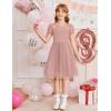 Arshiner Girls Dress Contrast Mesh Puffy Short Sleeve A Line Casual Party Dress 3-12 Years(Dusty Pink)