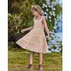 Arshiner Girls Summer Sleeveless Bow-Tie Straps Sundress Flowy Smocked Backless Tiered Lace Swing Midi Dress with Pockets(Beige)