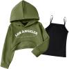 Arshiner Girls Cropped Sweatshirt Long Sleeve Shirts High Low Hem Crop Tops for Teens Kids Hoodies with Cami 5-14 Years(Army Green & Black)