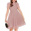 Arshiner Girls Dress Contrast Mesh Puffy Short Sleeve A Line Casual Party Dress 3-12 Years(Dusty Pink)