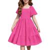 Arshiner Girls Summer Dress Tween Boho Casual Smocked Swing Flowy Ruffle Midi Dresses with Pockets(Hot Pink)