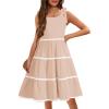 Arshiner Girls Summer Sleeveless Bow-Tie Straps Sundress Flowy Smocked Backless Tiered Lace Swing Midi Dress with Pockets(Beige)