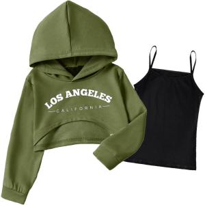 Arshiner Girls Cropped Sweatshirt Long Sleeve Shirts High Low Hem Crop Tops for Teens Kids Hoodies with Cami 5-14 Years(Army Green & Black)